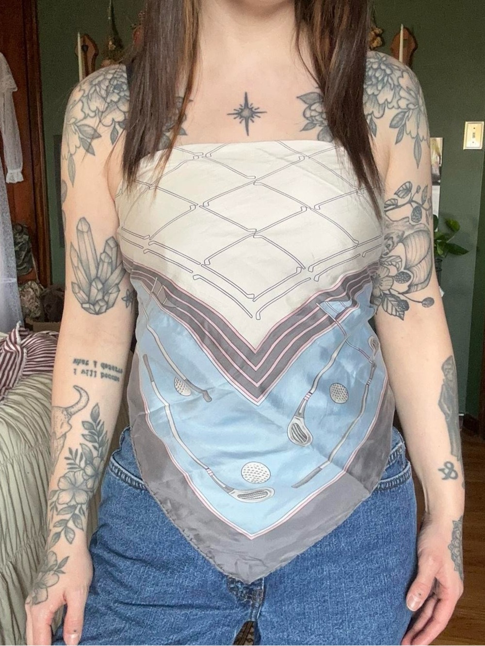 Women’s Blue & Cream Golf-Print Bandana Top